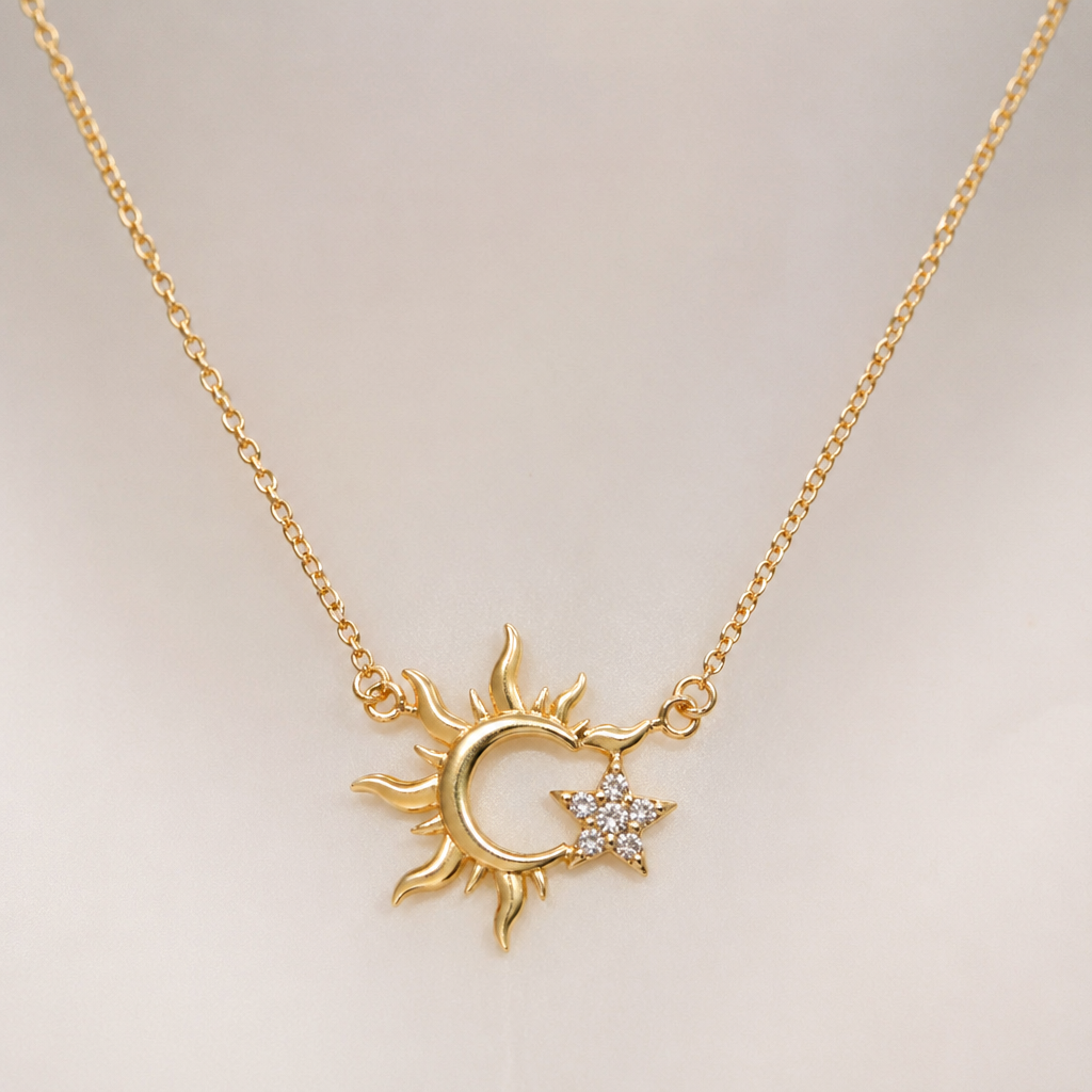 A modern women's necklace. a short necklace that describe motherhood as the sun and the daughter as the star
photorealistic jewelry design, A modern women's necklace. a short necklace that describe motherhood as the sun and the daughter as the star, modern style, just the design no text
