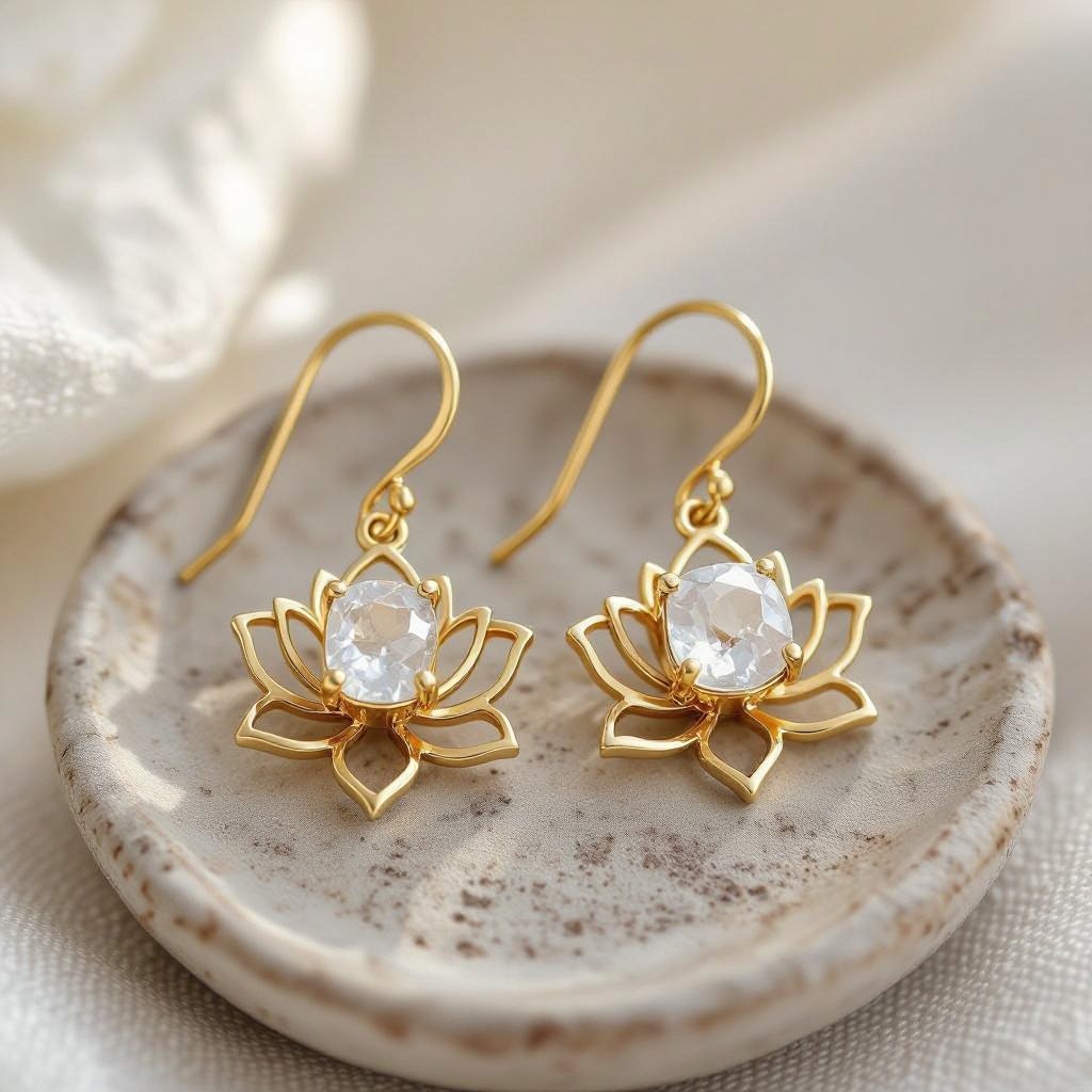 Серьги золото изящный маленький плоский лотос с необработанным хрусталем в центре