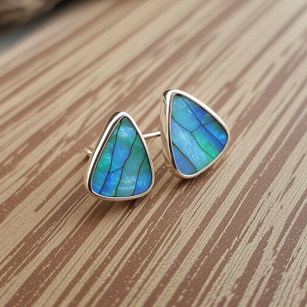 Серьги серебряные в виде бирюзового с переливами половины крыла бабочки из перламутра 