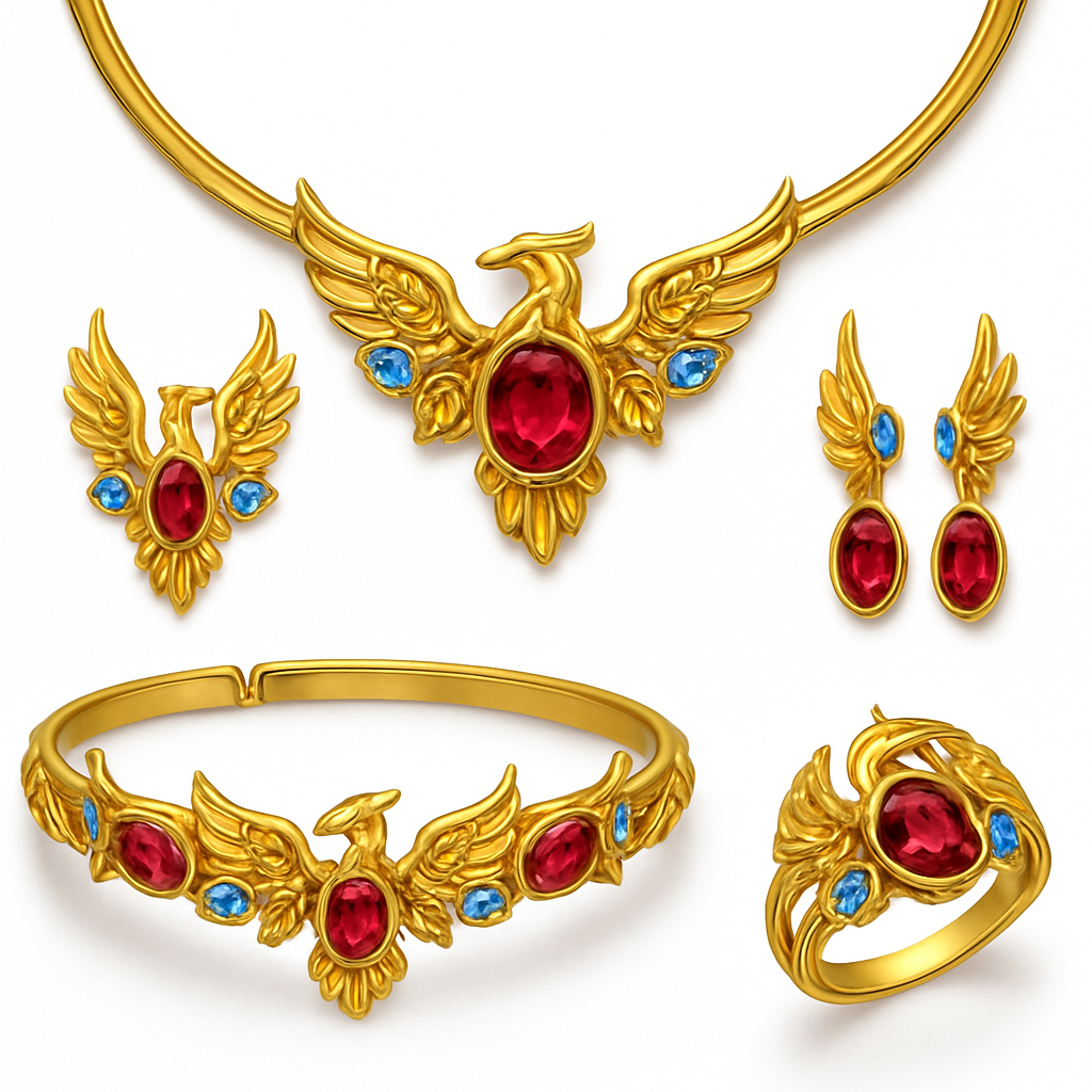 A full Ruby jewelry set including bracelet, earrings and rings with at least 10 citrine and topaz inlays with phoenix themes and an omega necklace