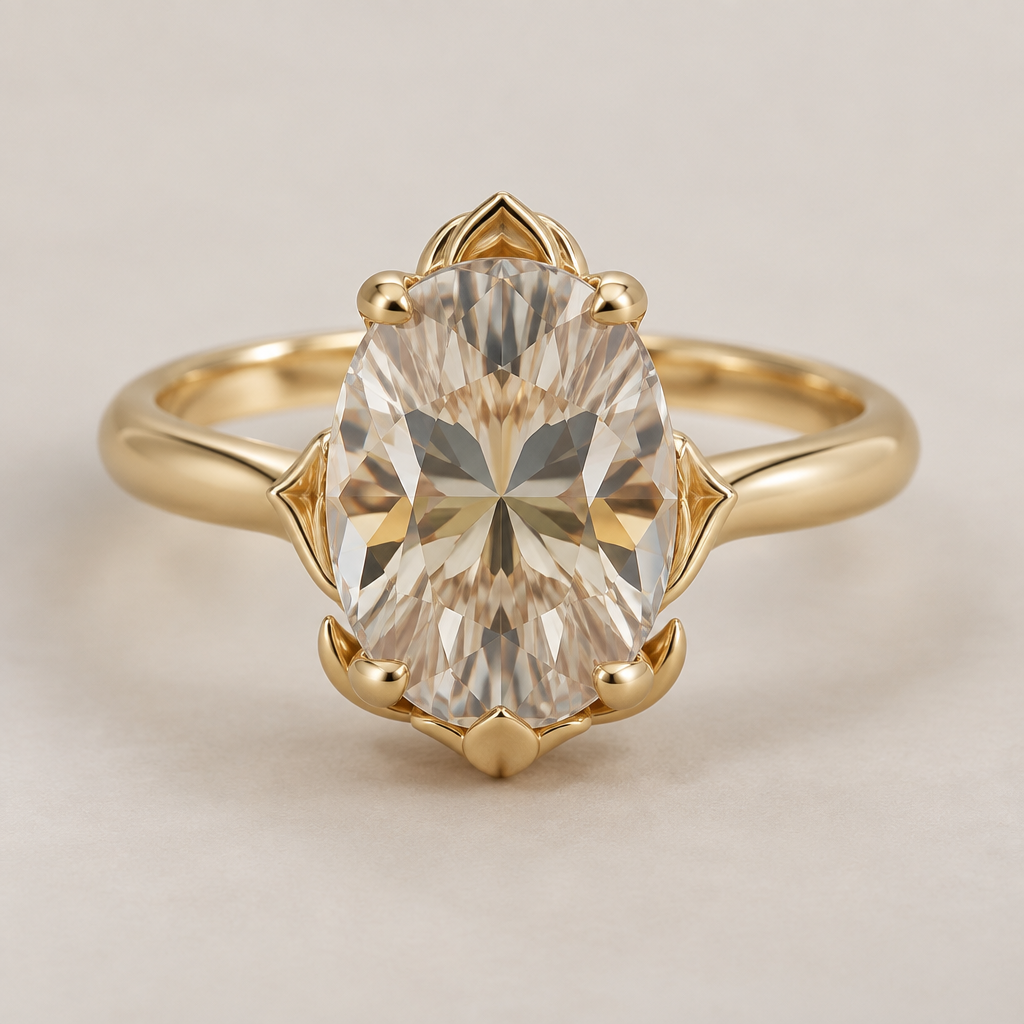 Crosscut oval ring gold band with a lotus setting
photorealistic jewelry design, Crosscut oval ring gold band with a lotus setting
, just the design no text