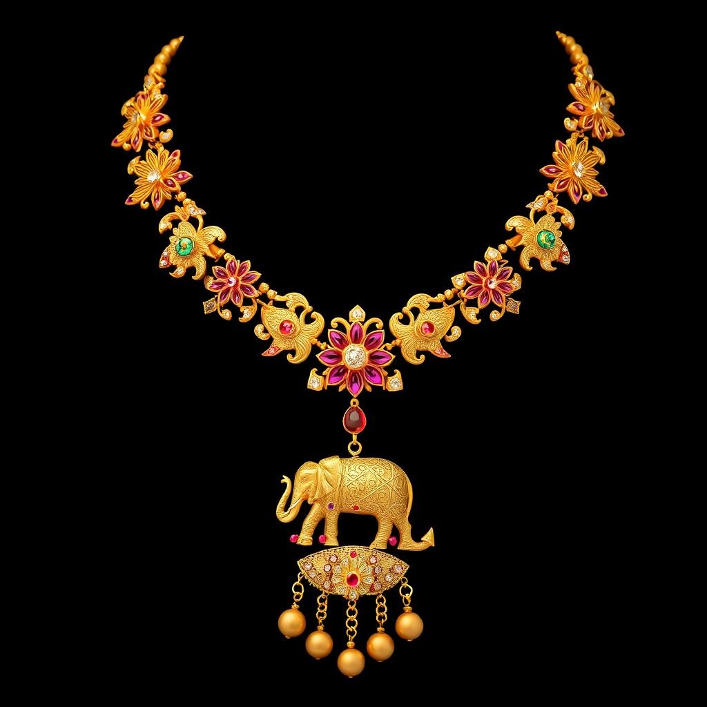 I want heritage Jewllery which are include figure like elephant,jadau birds and many more animal and flower and it’s kundan jewllery and make necklace style which easy to wear in neck and down side of necklace small gola balls which are included small small gughari ball you have to make with kundan piece which are Heydrabadi kundan 