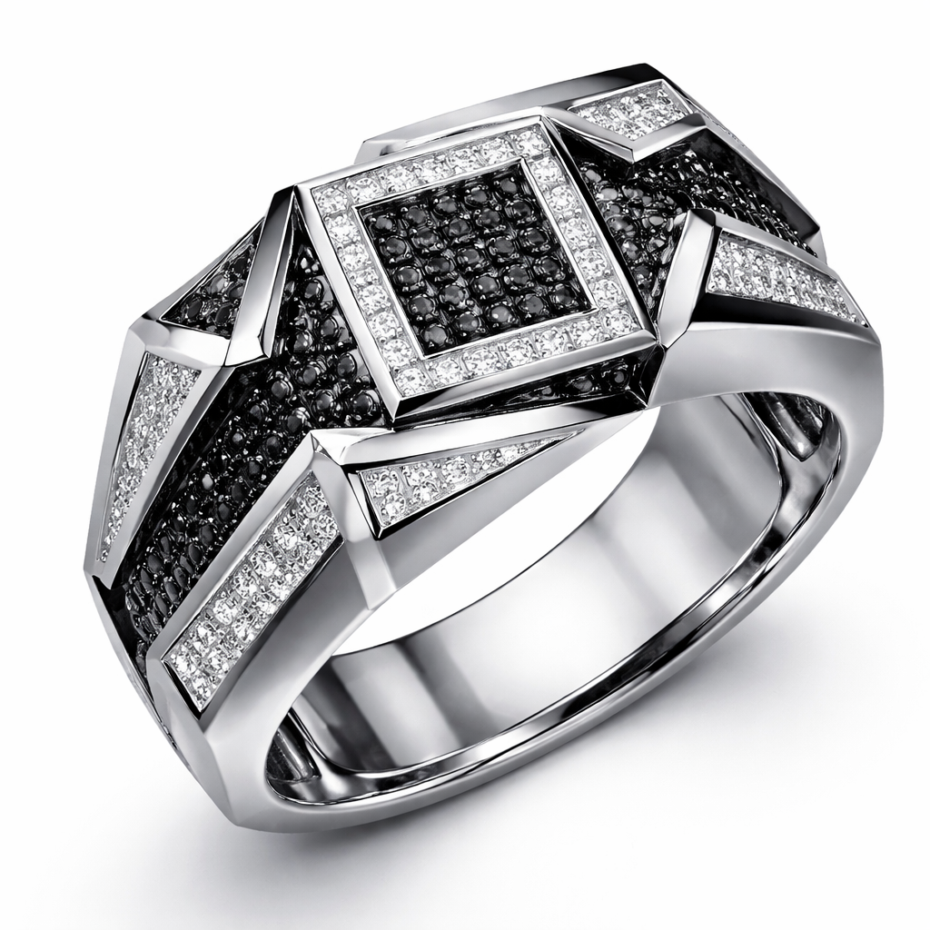 Geomatric sharp angles edgy angles ring for men of rectangular and sqaure shape of white and blcak diamonds of unique design and special shape