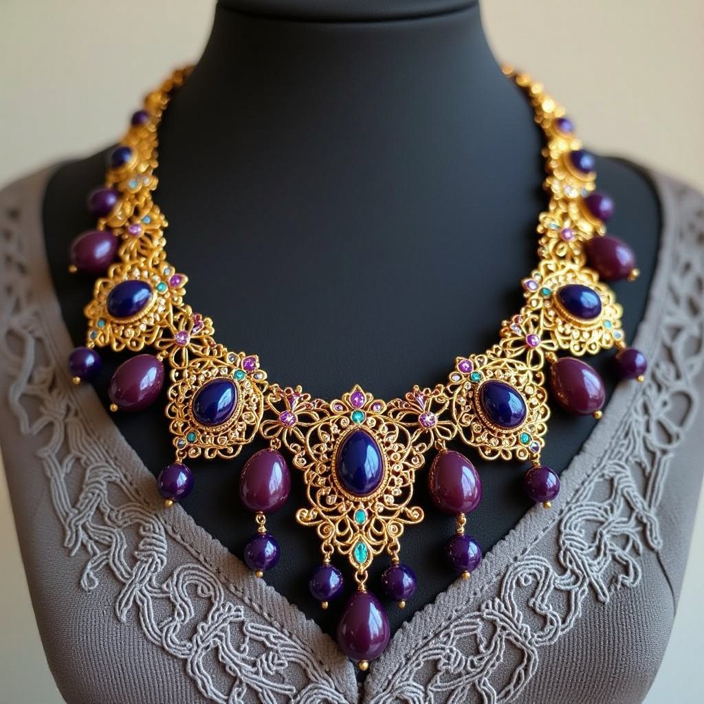 Necklace with plums and macramé, brown and blue