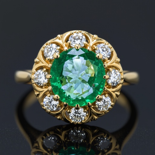 Anillo con Central de esmeralda redonda con 6 diamantes al rededor en oro amarillo 