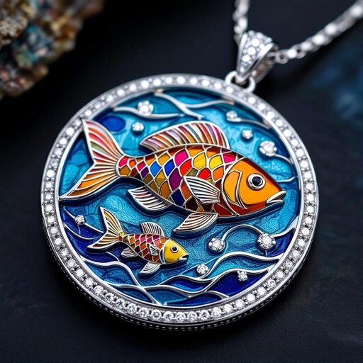 Geomatric structure of pendant Pendant of different colors Geomatric edge of diamonds shaded of fish element in water background and vibes