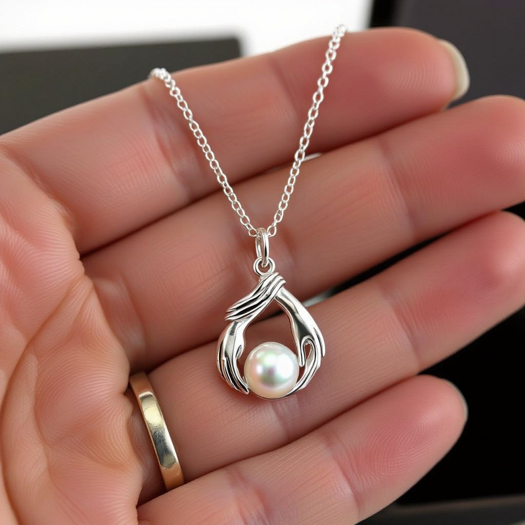 Украшение на шею серебряная цепочка с подвеской в виде двух ладоней которые держат жемчужину по центру