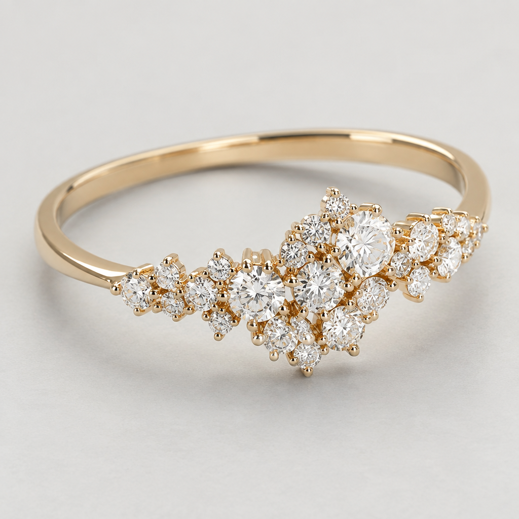 A minimalist women's ring made of gold with diamond stones. 34 cluster diamonds ranging in size, but no larger than .25 of a carat
photorealistic jewelry design, A minimalist women's ring made of gold with diamond stones. 34 cluster diamonds ranging in size, but no larger than .25 of a carat, minimalist style, just the design no text