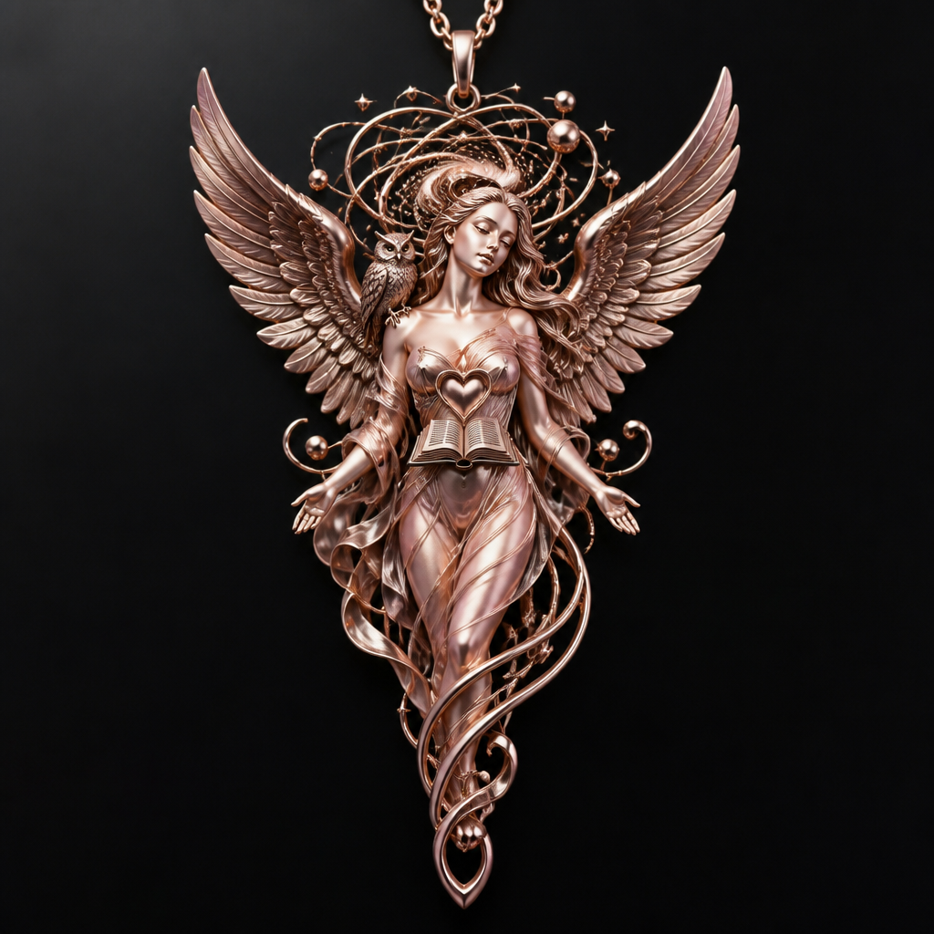 A art deco women's pendant made of mixed metal suitable for festival. Make a pendant with an extraordinary excellent female Angel of wisdom with a beautiful, delicate, elegant and thin body, with a beautiful, delicate and elegant face, with long hair, with big wings flying, with a beautiful delicate and elegant owl on her right shoulder, with a beautiful delicate elegant and totally transparent dress. Emerging from the universe, with a heart under Her breasts and a book under the heart and from her head emerging a universe. Without stones.. Refinement: ROSE GOLD
photorealistic jewelry design, A art deco women's pendant made of mixed metal suitable for festival. Make a pendant with an extraordinary excellent female Angel of wisdom with a beautiful, delicate, elegant and thin body, with a beautiful, delicate and elegant face, with long hair, with big wings flying, with a beautiful delicate and elegant owl on her right shoulder, with a beautiful delicate elegant and totally transparent dress. Emerging from the universe, with a heart under Her breasts and a book under the heart and from her head emerging a universe. Without stones.. Refinement: ROSE GOLD, just the design no text