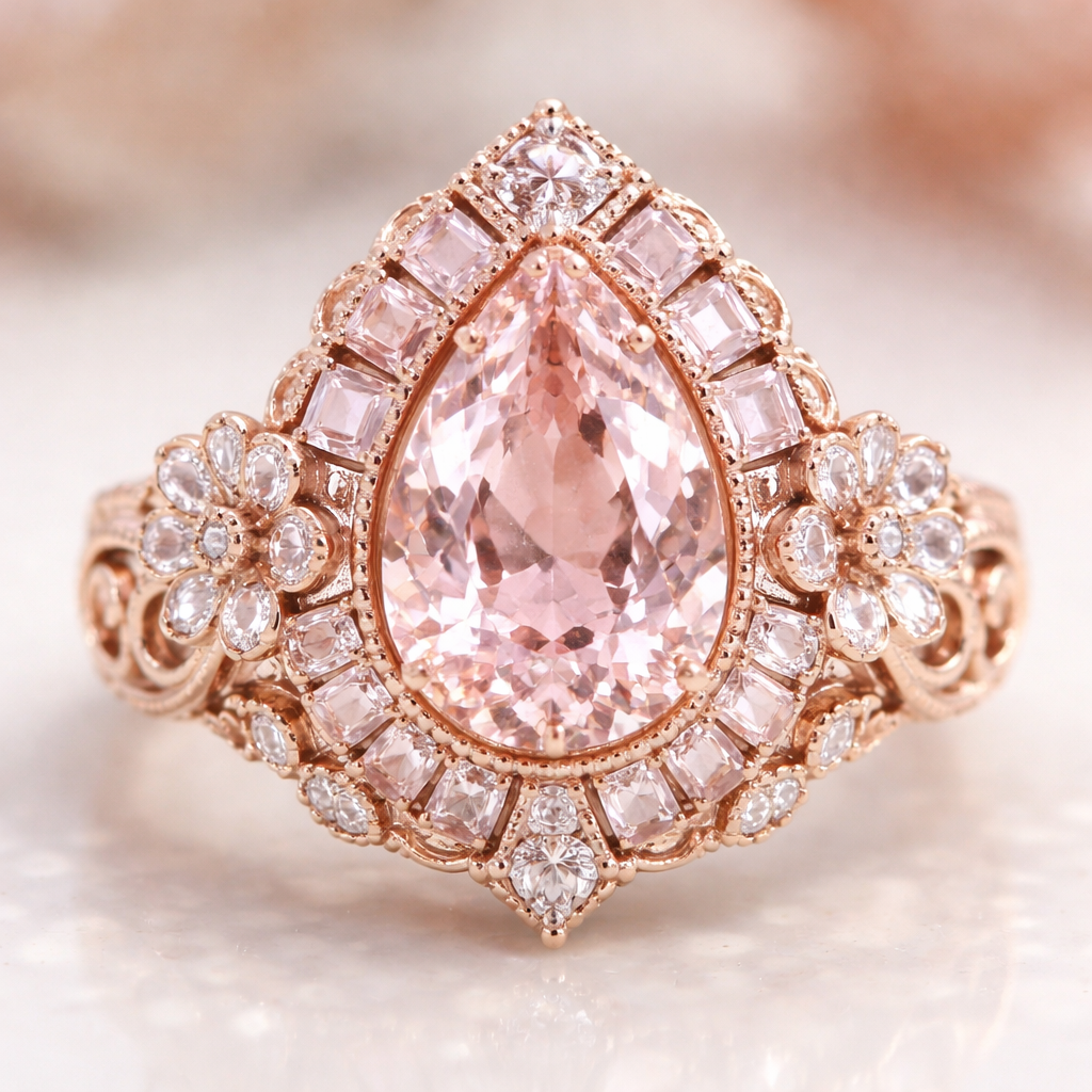 A ring with a rich light baby pink teardrop shaped gem with baby pink rectangular shaped gems that surround it and diamond carved flowers with light rose god architecture