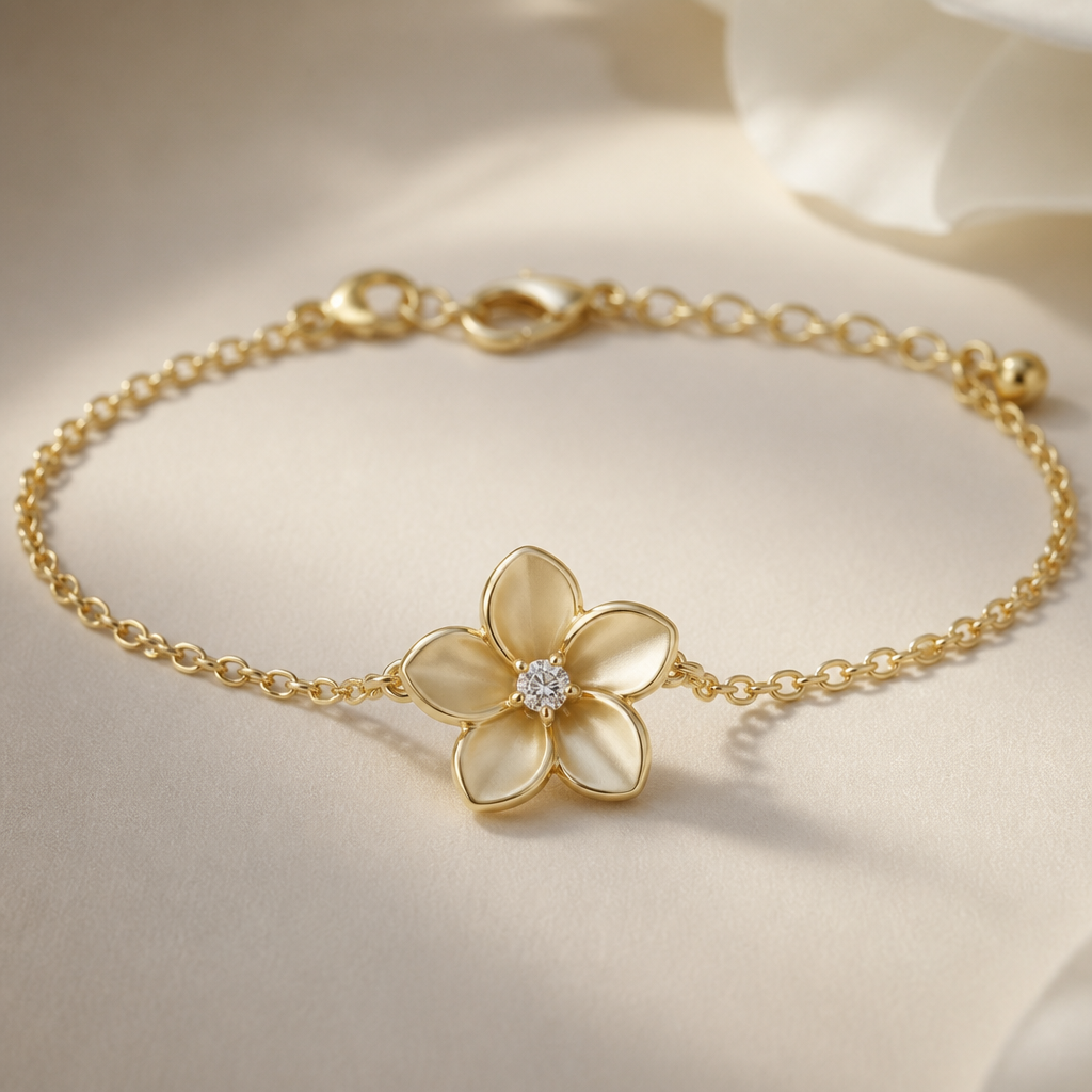 Can you make the same previous gold base jasmine sambac flower design with a diamond in the middle on a bracelete with a chain
photorealistic jewelry design, Can you make the same previous gold base jasmine sambac flower design with a diamond in the middle on a bracelete with a chain , classic style, just the design no text