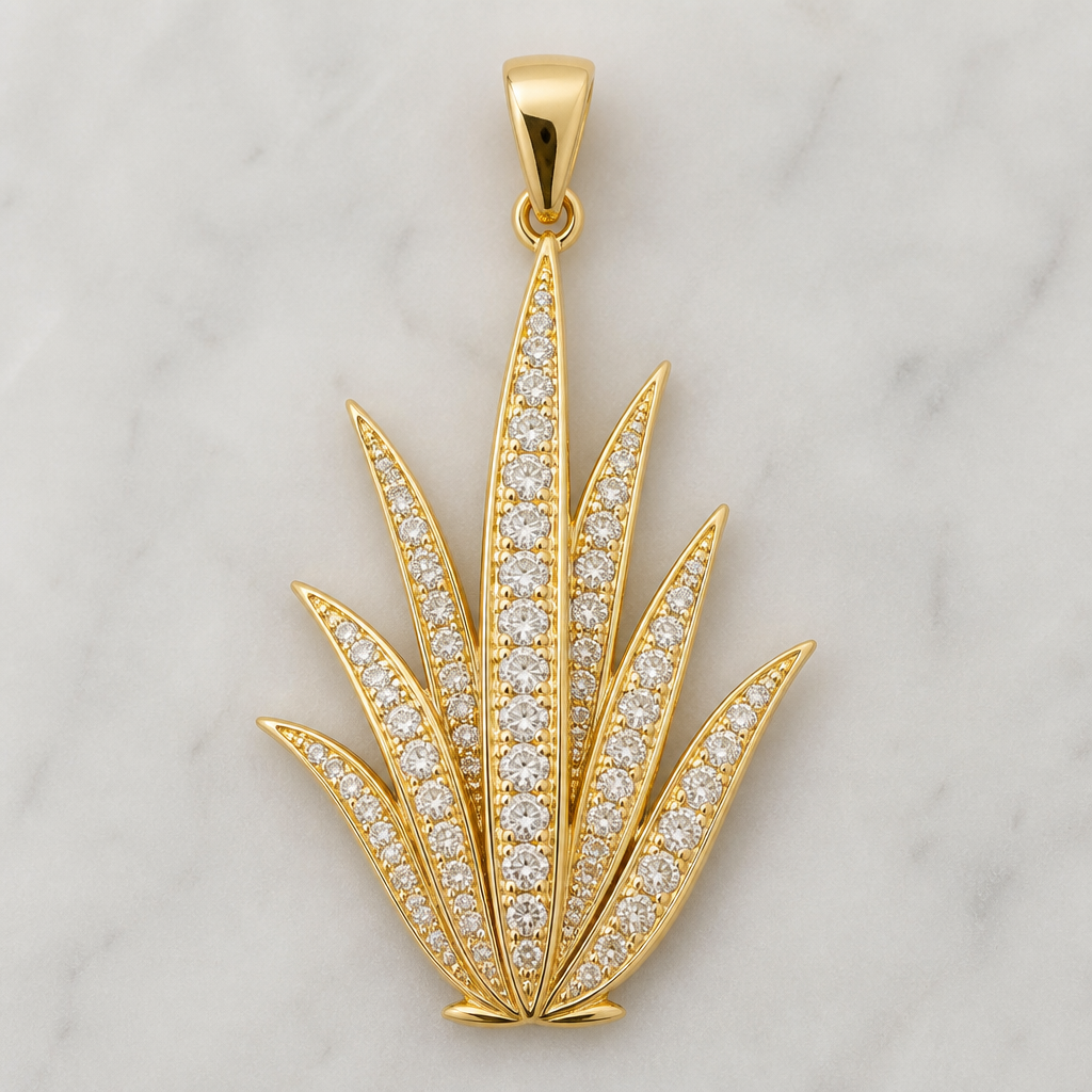Um pingente dourado cravejado em brilhantes em formato da planta espada de São Jorge
photorealistic jewelry design, Um pingente dourado cravejado em brilhantes em formato da planta espada de São Jorge , just the design no text