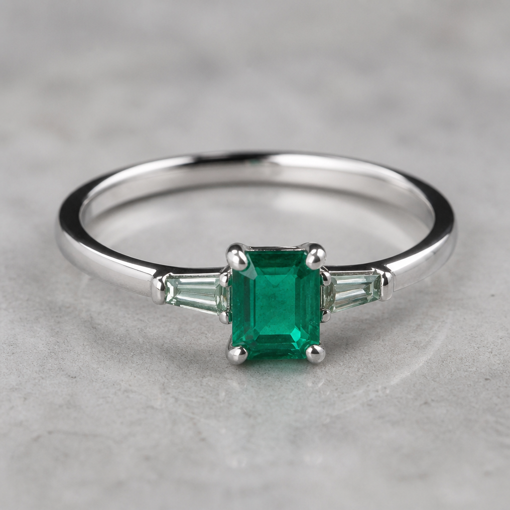 A minimalist women's ring made of silver with emerald stones suitable for formal
photorealistic jewelry design, A minimalist women's ring made of silver with emerald stones suitable for formal, minimalist style, just the design no text