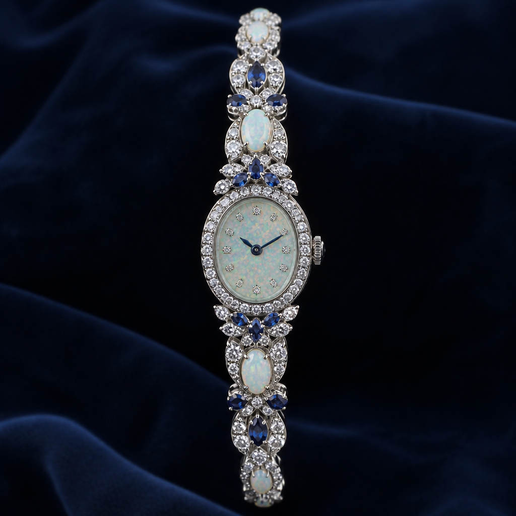 A vintage women's watch made of silver with diamond and sapphire and opal stones suitable for anniversary
photorealistic jewelry design, A vintage women's watch made of silver with diamond and sapphire and opal stones suitable for anniversary, vintage style, just the design no text