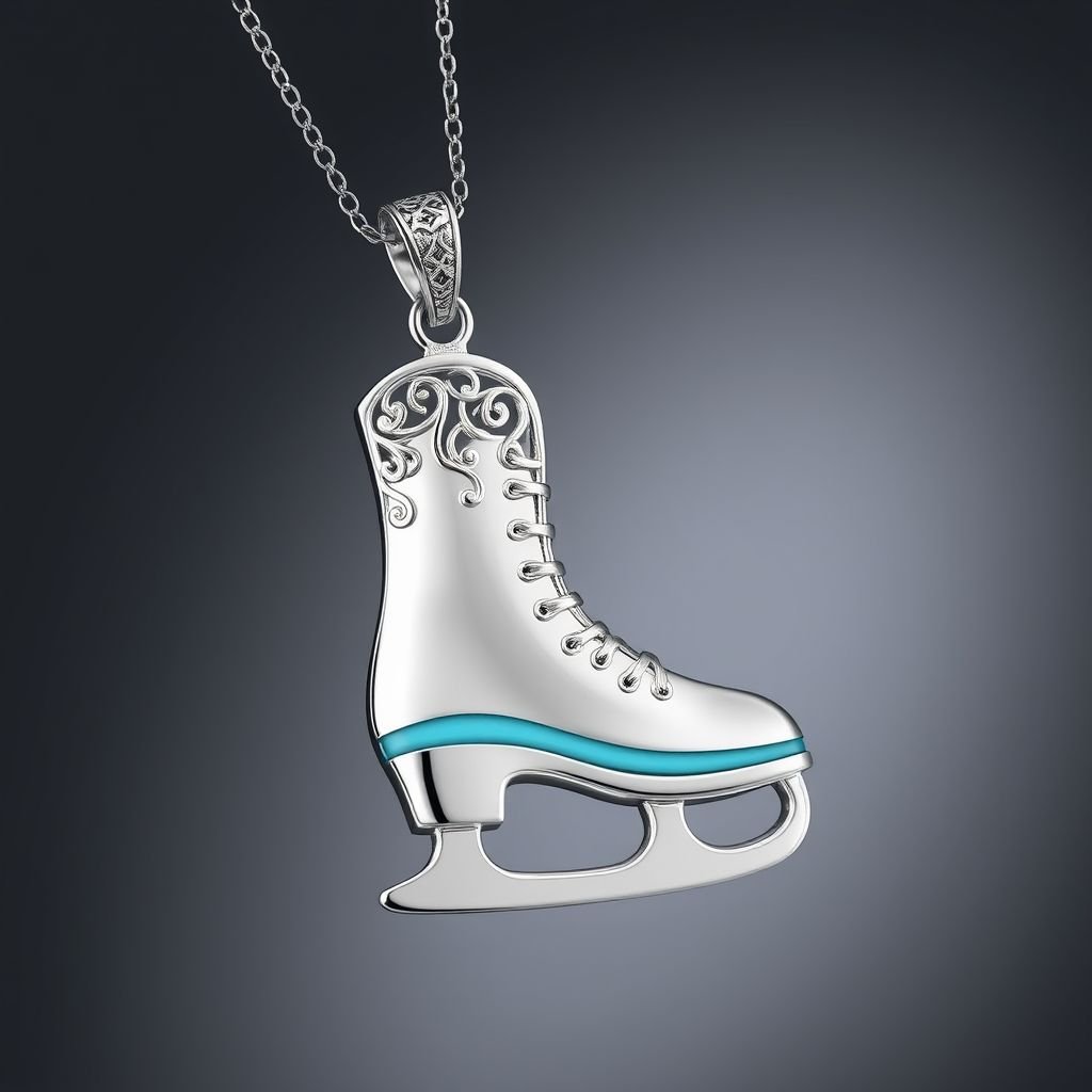 Silver Pendant shape one ice skate with turquoise stripe inside the low thin part