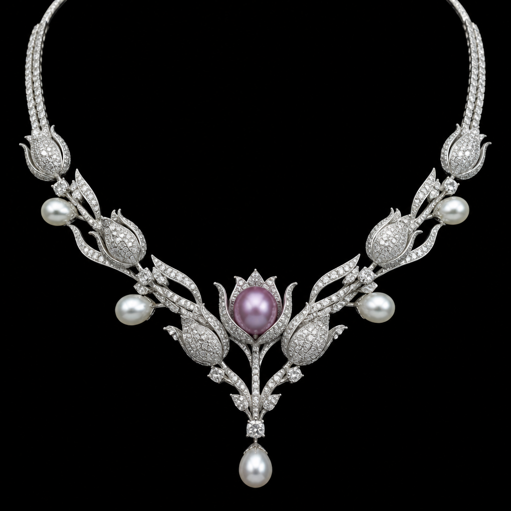 Un collier or blanc remplis de diamant en forme de tulipes et la perle la plus voyante celle de milieu coloré