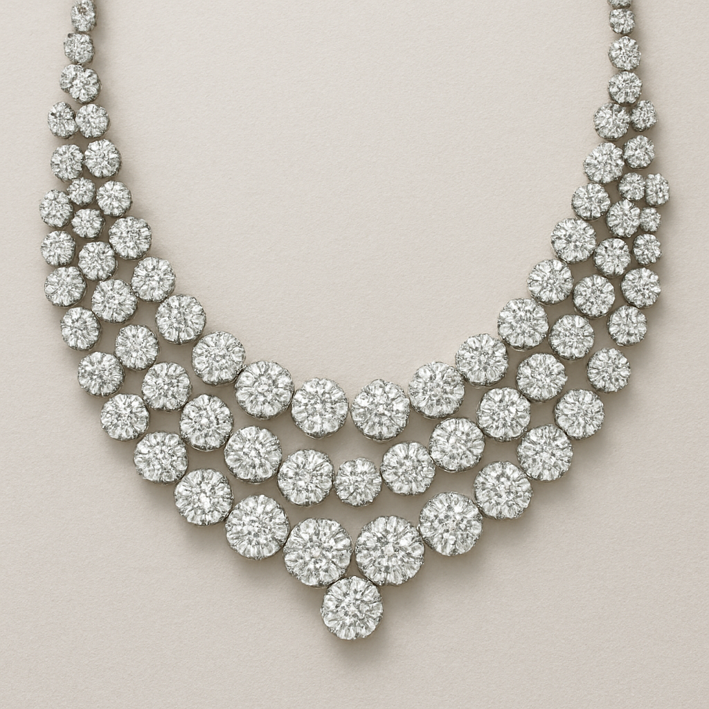 Double triple row necklace with 56 multiple size round diamonds cluster no symmetry style half way around 