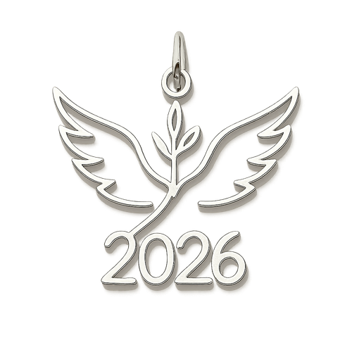 Slim silver cut-out charm only with  two spread out bird wings, an olive branch and  along year 2026
