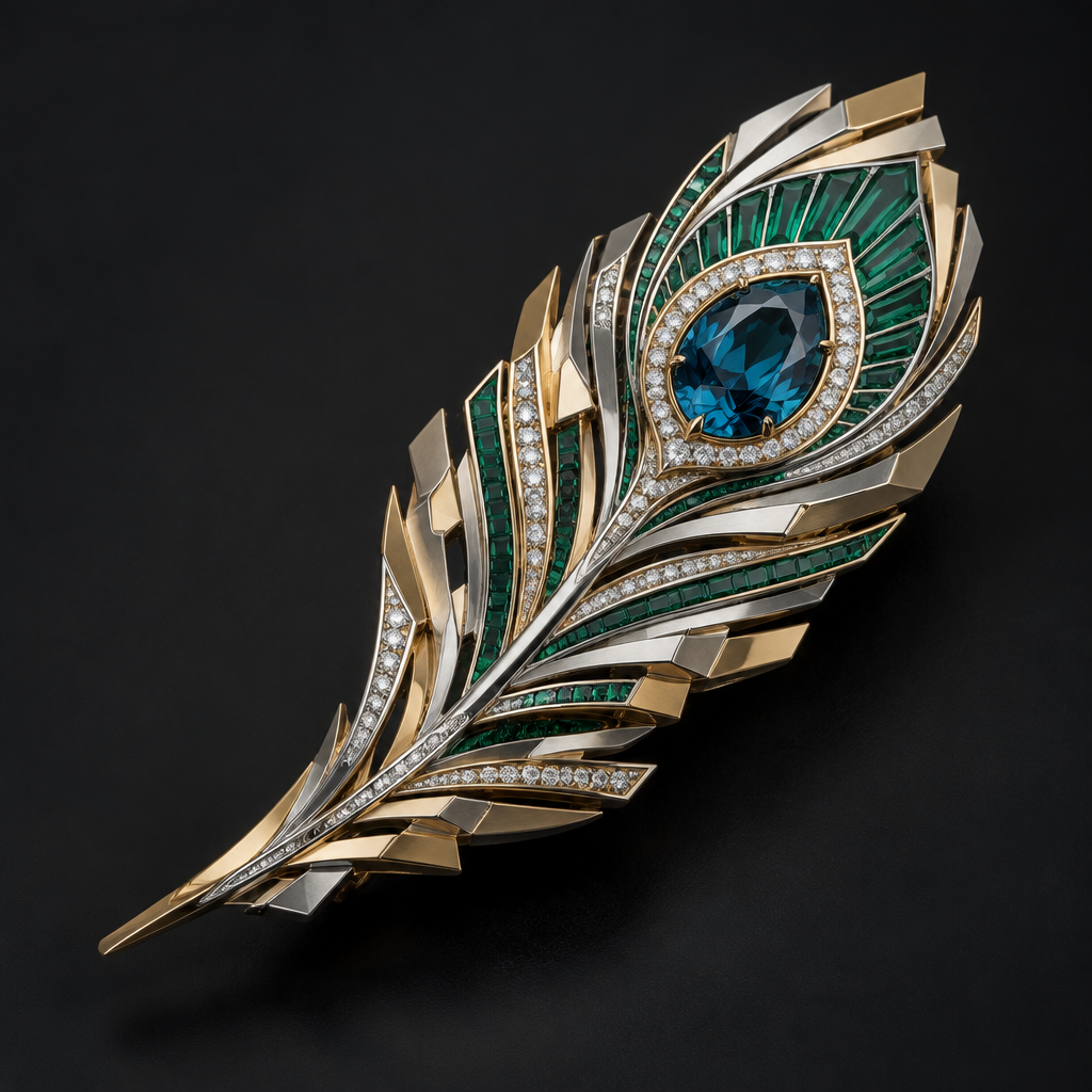 A geometric men's brooch made of mixed metal with topaz and emerald and diamond stones. peacock feather shaped broach
photorealistic jewelry design, A geometric men's brooch made of mixed metal with topaz and emerald and diamond stones. peacock feather shaped broach, geometric style, just the design no text