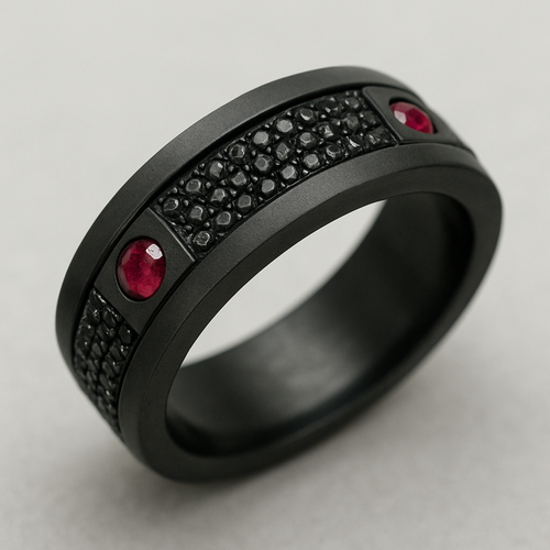 Men’s thick wedding band black with black stones and 2 rubies 
