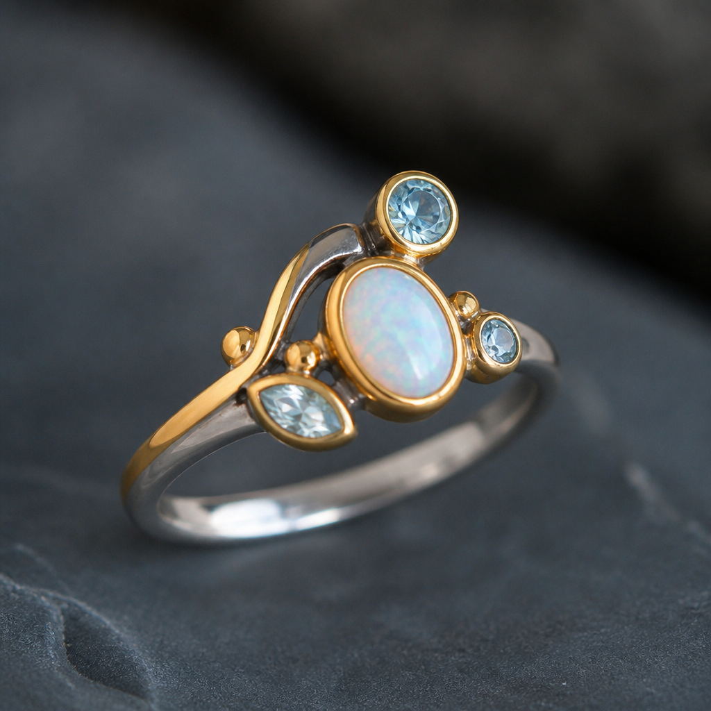 A minimalist women's ring made of mixed metal with opal and topaz and aquamarine stones suitable for festival. A modern women ring with little ornaments of modern motifs.
photorealistic jewelry design, A minimalist women's ring made of mixed metal with opal and topaz and aquamarine stones suitable for festival. A modern women ring with little ornaments of modern motifs., minimalist style, just the design no text