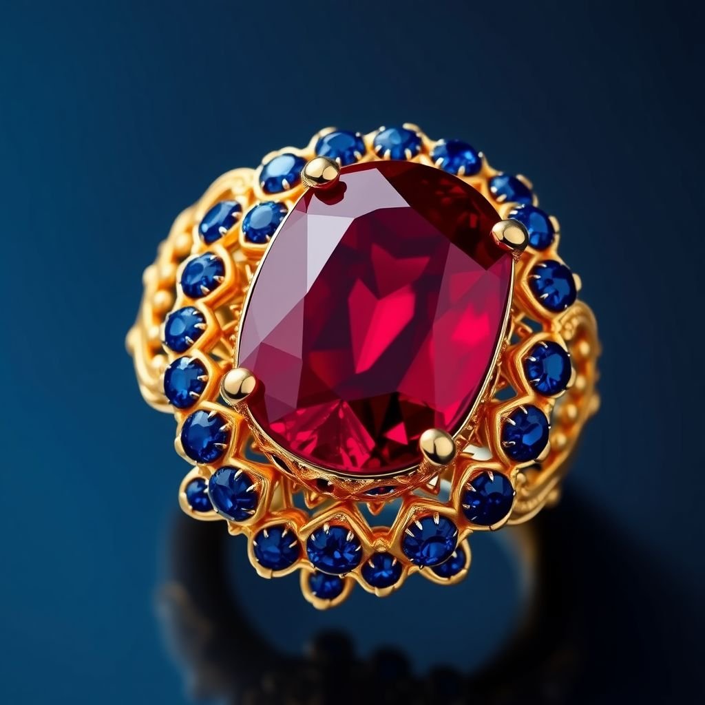 A oval shaped cut, 50 carat ruby and lapis gemstones, FL IF clarity ring