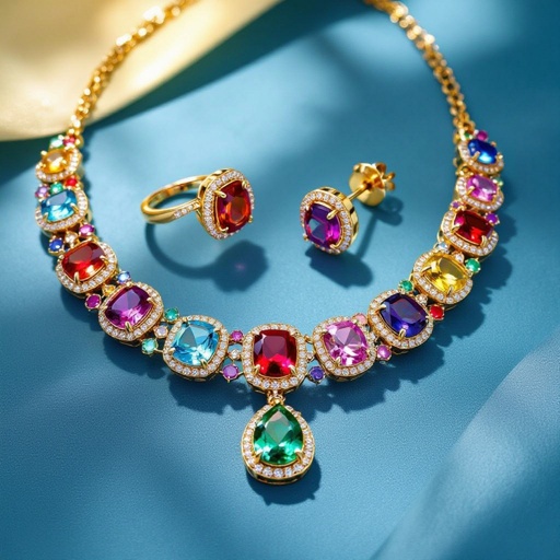 Necklace and ring and earring with luxury colorful jewel with gold