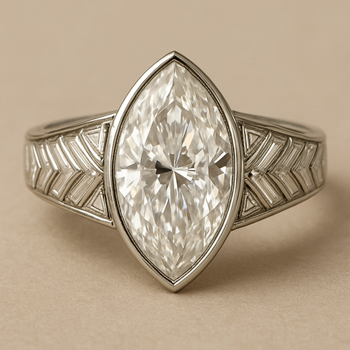 Bezel set 6 carat marquise diamond center stone with baguette diamonds in a herringbone pattern in the band