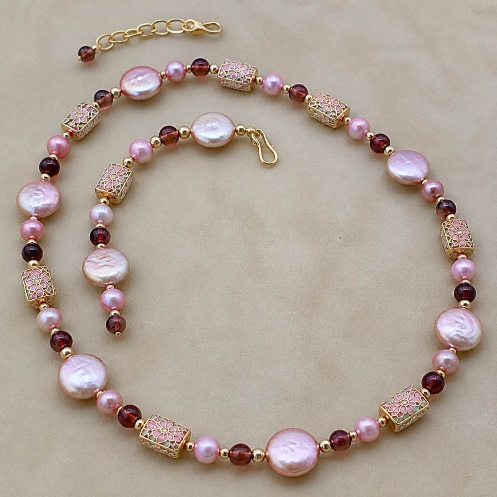 8mm coin pearls pink luster, pink luster round pearls 6mm, garnet spacers 4mm rounds. Gold filigree cloisonné rectangle beads with pick enamel
photorealistic jewelry design, 8mm coin pearls pink luster, pink luster round pearls 6mm, garnet spacers 4mm rounds. Gold filigree cloisonné rectangle beads with pick enamel, vintage style, just the design no text