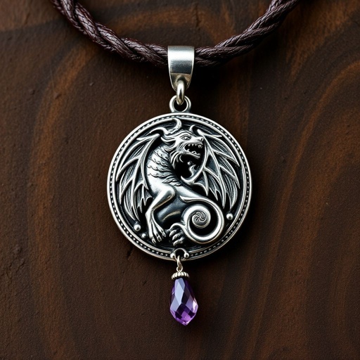 Elegant stylish necklace on thick leather cord with big silver pendant and crystal stone charm 