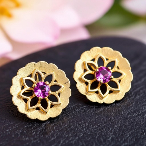 Gold-colored matte ring earrings. Diameter 1 cm. A flat lotus pendant with 6 petals. Pink quartz in the center of the lotus