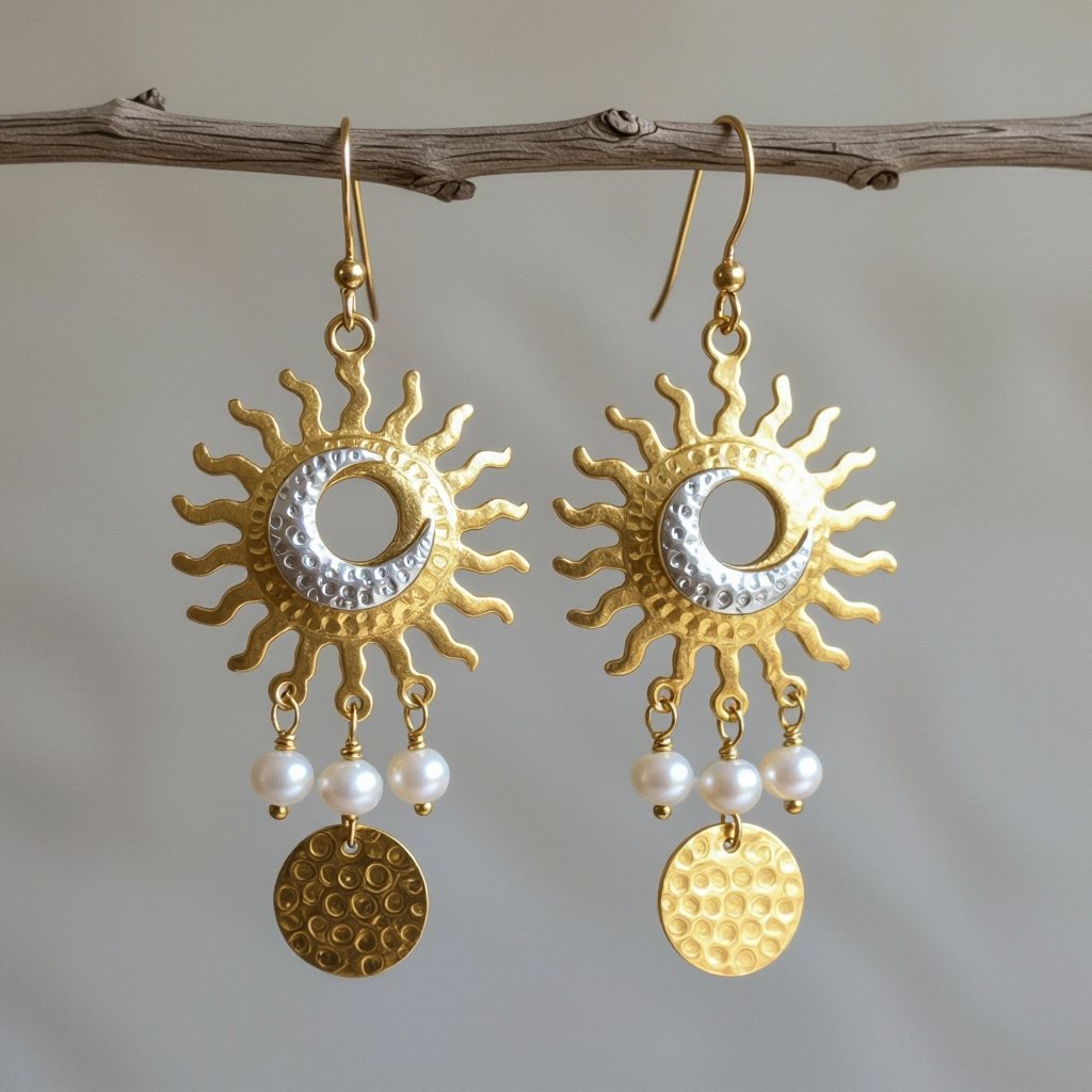 Золотые серьги словно мятое золото в форме солнца с волнистыми лучами, в центре солнца круглая дыра. крепится к застежке серьги. К нижней части солнца крепятся подвески: миниатюрная серебристая луна, очень маленький жемчуг и маленький золотой кружочек с мятым эффектом плоский