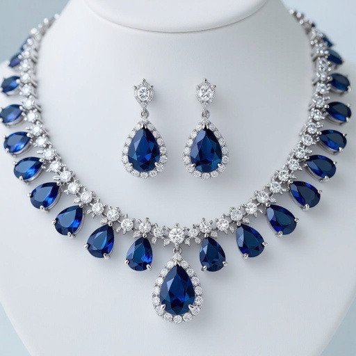 luxury necklace style and luxury earring set Platinum necks lace, sapphire , diamond accents, prong setting. Matching platinum earrings, sapphire pear drops, diamond accents, prong setting.