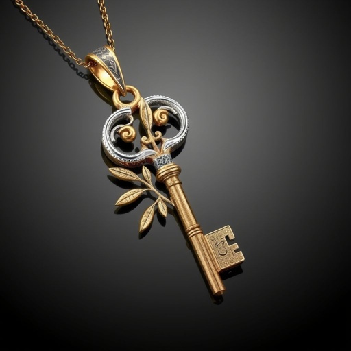 Old skeleton key shape gold and silver tones with olive branch turning on leg and keffieh print on the tip