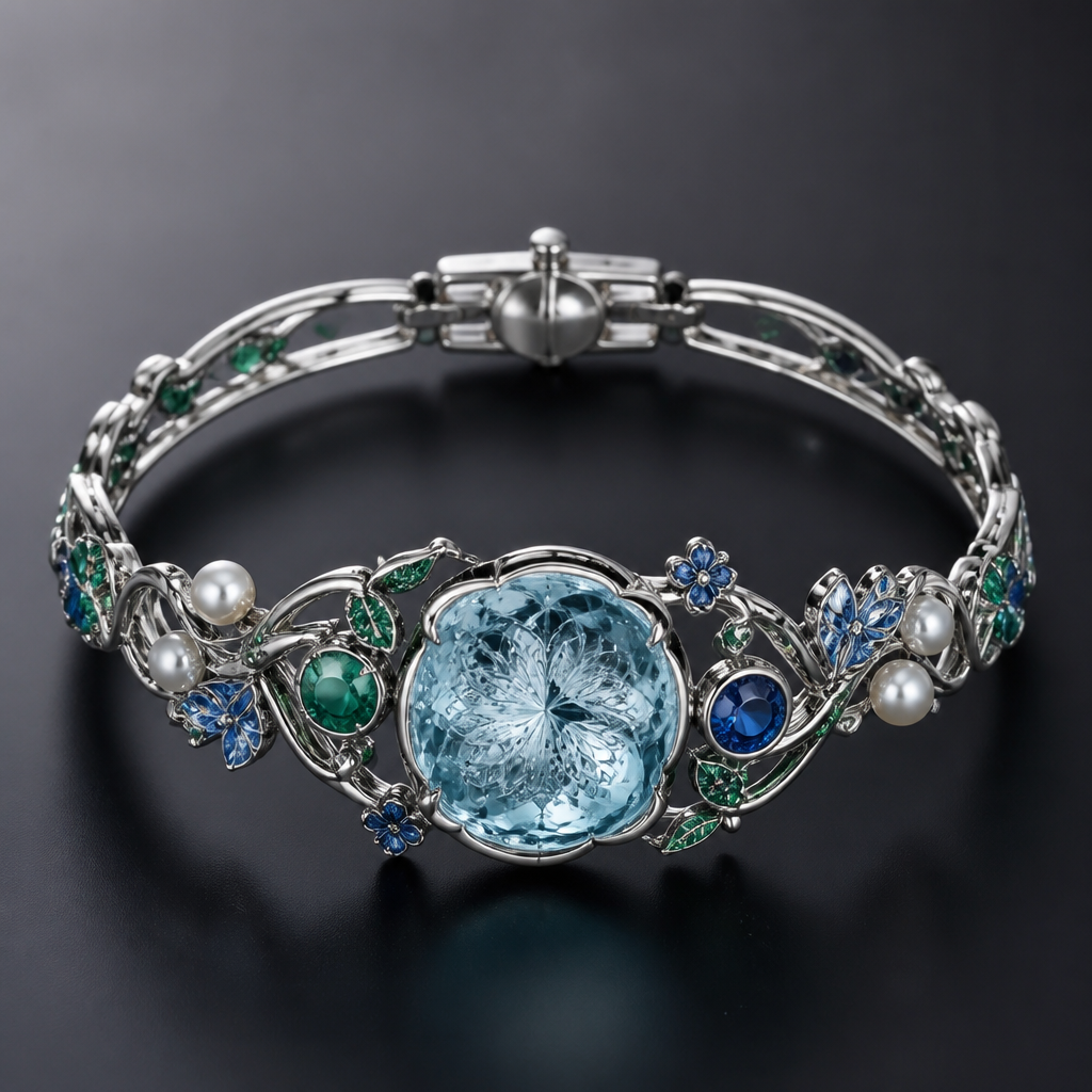 A asian-inspired women's bracelet made of titanium with aquamarine and pearl and emerald and sapphire stones suitable for gift, detailed and decorative, moderately ornate