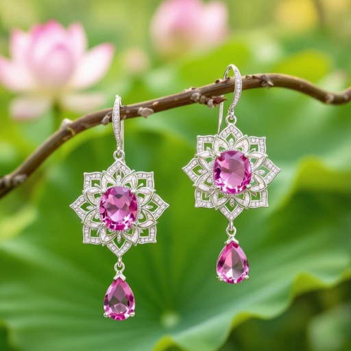 Светлое матовое золото. Серьги с лотосом на длинных цепочках. По центру лотоса неровный камень необрабаботанного розового кварца, от лотоса идет цепочка с еще одним камнем кварца на конце. Серьги тонкие и легкие