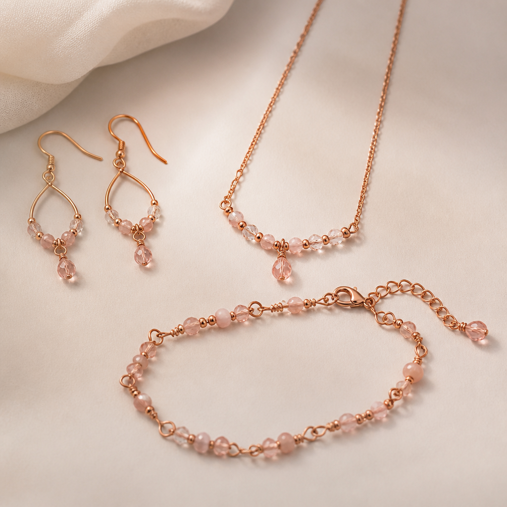 A romantic women's earrings made of copper suitable for daily wear, minimalist, simple and delicate, clean lines. made from wire, seed beads and crystal beads a set of earrings with matching bracelet and necklace
photorealistic jewelry design, A romantic women's earrings made of copper suitable for daily wear, minimalist, simple and delicate, clean lines. made from wire, seed beads and crystal beads a set of earrings with matching bracelet and necklace, romantic style, just the design no text