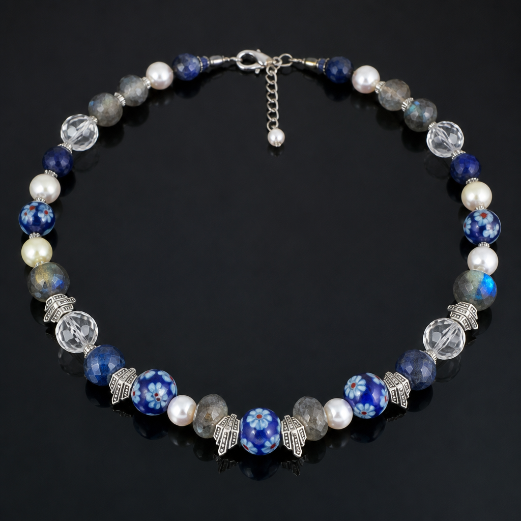 ''Blue floral milefiori beads 8mm, labradorite faceted rondels 8mm. Sapphire rough cut round beads 8mm beads. Clear crystal quartz 10mm beads, white 8mm pearls silver findings necklace ""
photorealistic jewelry design, ''Blue floral milefiori beads 8mm, labradorite faceted rondels 8mm. Sapphire rough cut round beads 8mm beads. Clear crystal quartz 10mm beads, white 8mm pearls silver findings necklace "", art_deco style, just the design no text