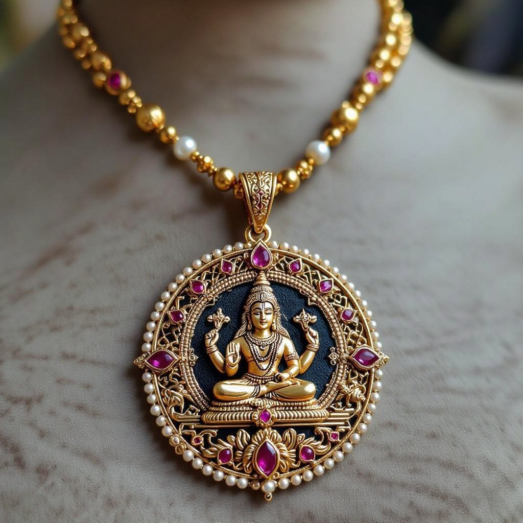 Кулон на длинной цепочке. Матовое светлое золото. В цепочке небольшие золотые шарики и розовые камушки и жемчуга. Кулон в форме неровного мятого круга. На круге изображен бог шива. Круг украшен лотосами звездами волнами узорами