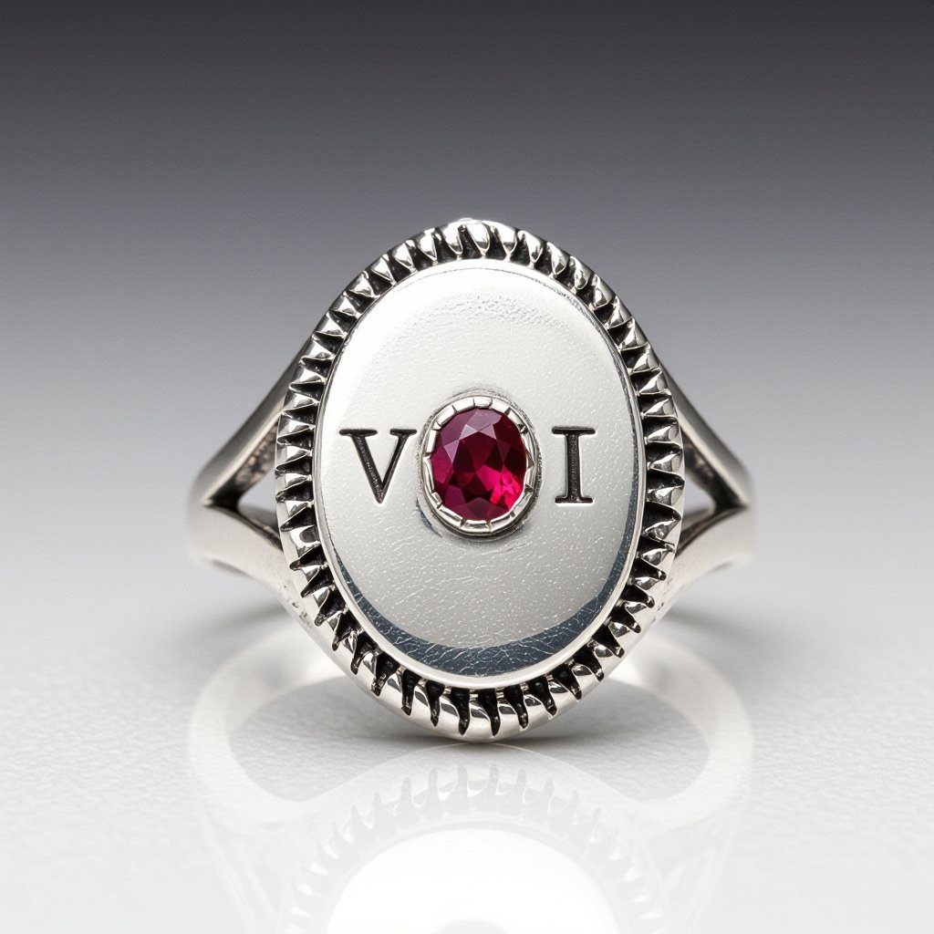 Red stone, silver, college class ring for women, VDI inscribed on the decor and under the stone