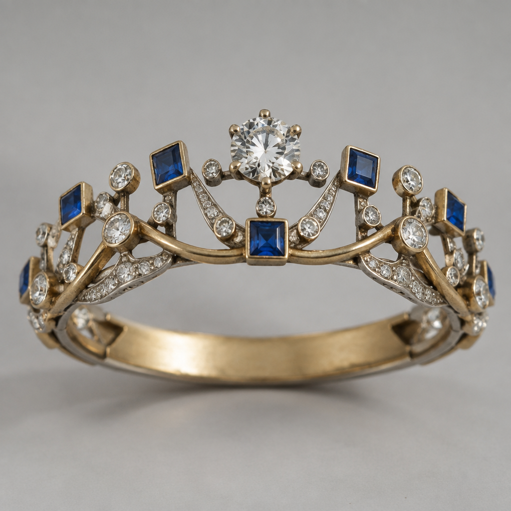 A georgian women's ring made of mixed metal with diamond and sapphire stones. design ring using 33 .10 carat diamonds, 7 .10 carat square sapphires, and one .50 carat round diamond. metals should be white and yellow gold with a matte finish. do not cluster gems. gems should float over the band
photorealistic jewelry design, A georgian women's ring made of mixed metal with diamond and sapphire stones. design ring using 33 .10 carat diamonds, 7 .10 carat square sapphires, and one .50 carat round diamond. metals should be white and yellow gold with a matte finish. do not cluster gems. gems should float over the band, georgian style, just the design no text