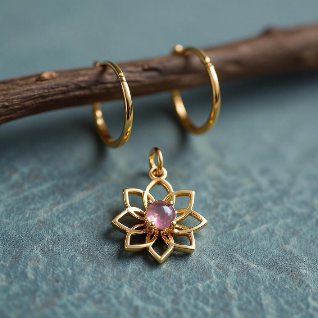 Серьги небольшие кольца, подвеска в виде золотого лотоса шестью лепестками с маленьким розовым кварцем по центру