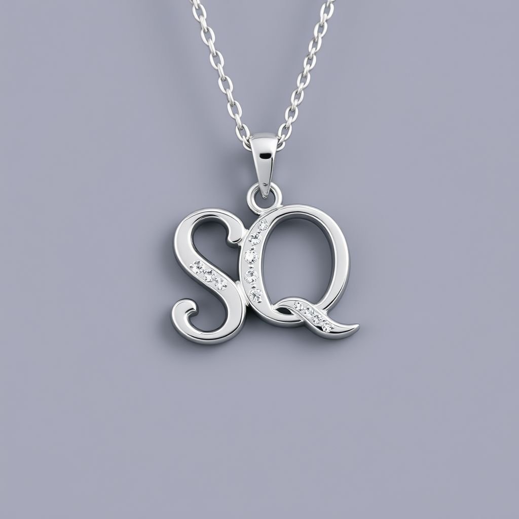 silver necklace with the pendant in conjoined letters SQ with white  stones. Make it cute and simple 