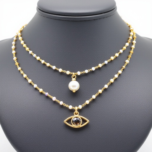 Тонкая цепочка с золотыми шариками и мелкими жемчужными камушками на цепочке есть кулон в форме глаза, зрачок глаза из раухтопаза от глаза идет маленькая подвеска с маленьким камушком 