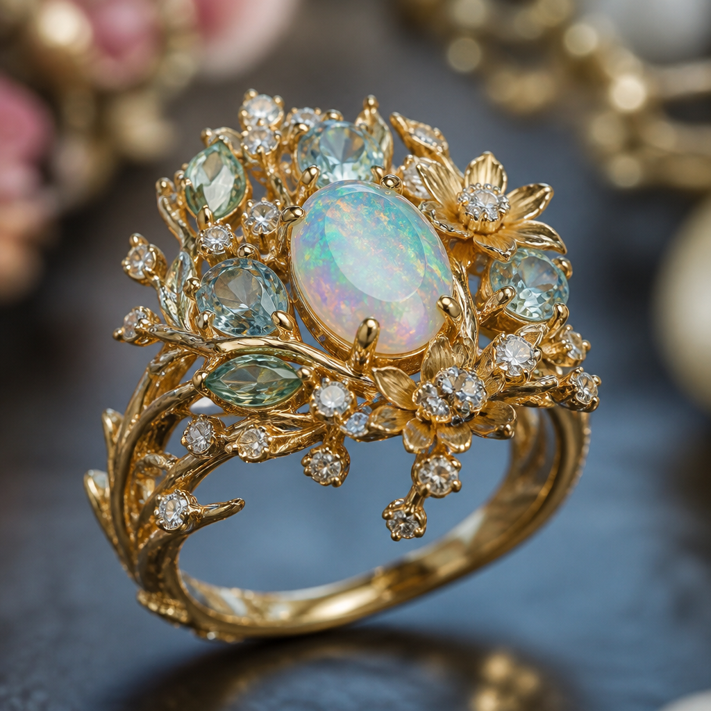 A nature-inspired women's ring made of gold with diamond and opal and aquamarine stones suitable for formal, highly ornate, intricate and elaborate, richly detailed
photorealistic jewelry design, A nature-inspired women's ring made of gold with diamond and opal and aquamarine stones suitable for formal, highly ornate, intricate and elaborate, richly detailed, nature_inspired style, just the design no text