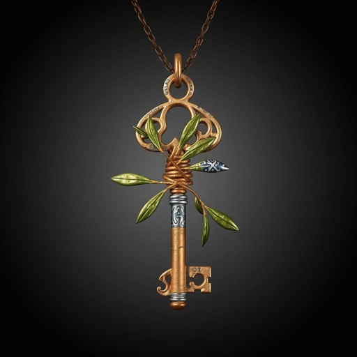 Old skeleton key shape gold and silver tones with olive branch turning on leg and keffieh print on the tip