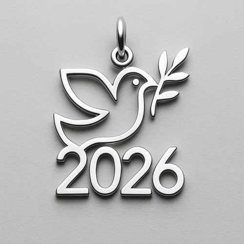 Silver minimal cut-out abstract charm blending together the pigeon of peace hold an olive branch along the year 2026