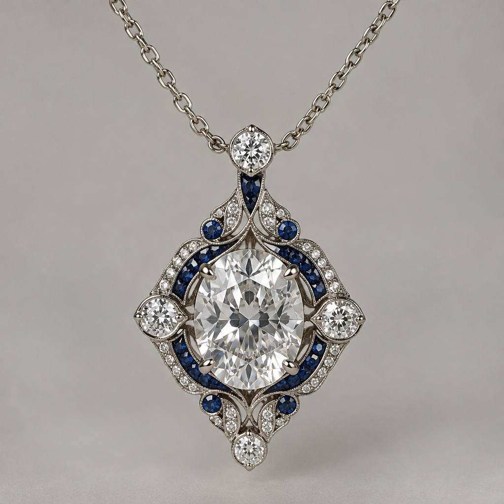 Necklace with larger diamond, 4 small diamonds, small sapphires
photorealistic jewelry design, Necklace with larger diamond, 4 small diamonds, small sapphires, estate style, just the design no text
