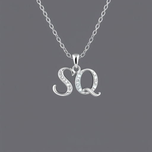 silver necklace with the pendant in conjoined letters SQ with white  stones. Make it cute and simple 