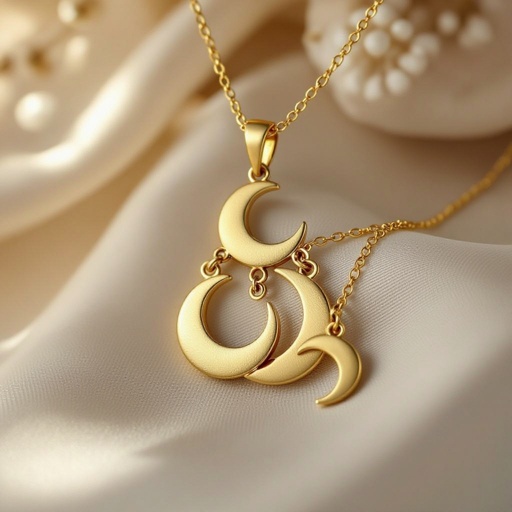 Подвеска из трех полумесяцев из матового неровного светлого золота соединенных цепочкой сверху самый широкий полукруг дальше средний и снизу самый маленький